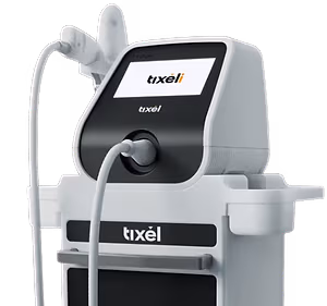 An electronic device called Tixel with a screen and a white cord attached