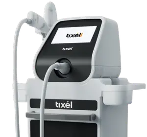 An electronic device called Tixel with a screen and a white cord attached