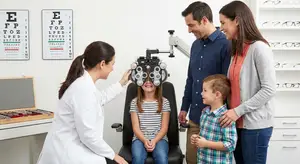 A family visiting an optometrist for a routine eye exam with the mother and daughter smiling and the father and son looking at each other while the doctor examines the daughter's eyes.