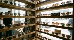 A wooden display of sunglasses on shelves in a store window