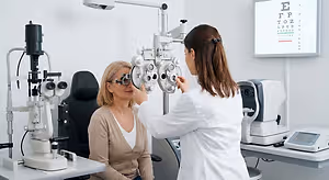 A woman is having her eyes examined by a doctor using an ophthalmoscope in a medical clinic.