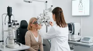 A woman is having her eyes examined by a doctor using an ophthalmoscope in a medical clinic.