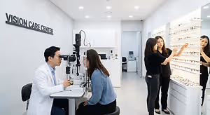 A group of people are standing in a Vision Care Center, where a man is sitting and checking a woman's eyes using an ophthalmoscope.