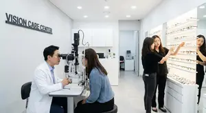A group of people are standing in a Vision Care Center, where a man is sitting and checking a woman's eyes using an ophthalmoscope.