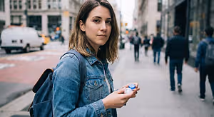 A woman on the sidewalk holding two bottles of eye drops.