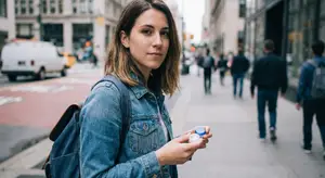 A woman on the sidewalk holding two bottles of eye drops.