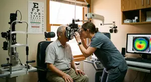 An older man is having his eyes examined by an optometrist in a small clinic office