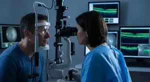 A man having his eyes examined by an eye doctor wearing safety goggles