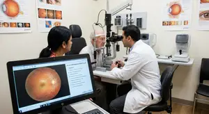 A doctor and a nurse look at a patient’s eye with an eye exam machine in the background.