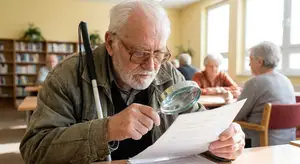 Older man using a magnifying glass to read a paper