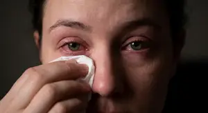 A close up of a woman blowing her nose with a tissue