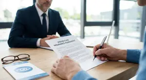 An insurance agreement is being signed by an insurance agent in a meeting room.