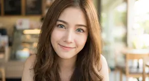 Close up of smiling woman with brown hair and eyes sitting at a table in a restaurant
