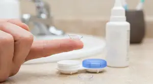 A person is holding a contact lens on their fingertip, with a container of contact solution, a contact lens case, and a sink in the background.