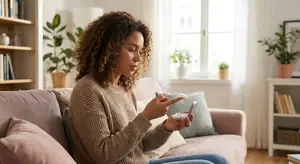 A woman in a cozy sweater is sitting on a couch and examining a contact lens in her hand.
