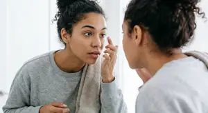 woman looking into a mirror and putting something on her eye