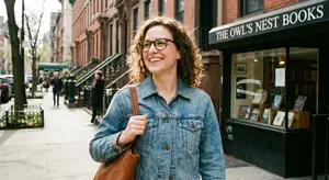 Woman in denim jacket standing outside The Owl's Nest Books store
