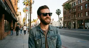 A man in a denim jacket and sunglasses standing on a city street