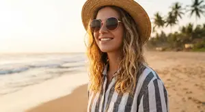 A woman smiling while standing on the beach in the sun. She is wearing a hat, sunglasses, and a striped shirt.