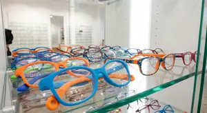 a display of colorful eyeglasses for sale in an optical store