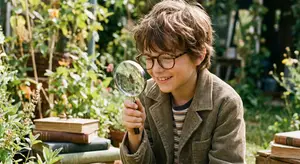 A young boy wearing glasses is holding a magnifying glass in a garden while smiling at the camera.