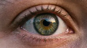 Close-up of a human eye with a reflection of a mountain landscape in the iris.