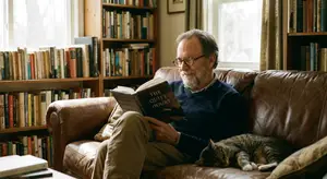 An older man wearing glasses sits on a couch and reads a book with his cat by his side.