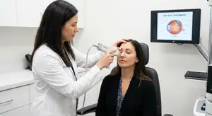 A woman doctor using a device on a patient's eye while a monitor displays dry eye treatment information