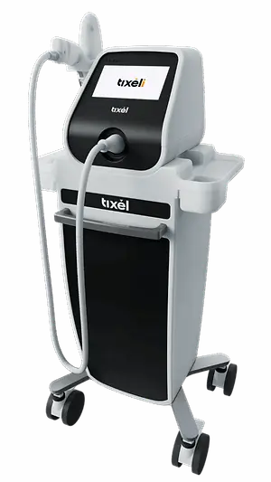 3D rendered image of a Tixel medical device used for skin treatments, with a screen and a wire attached, placed on a gray background