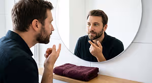 A man is staring at himself in the mirror as he puts in his contact lens.