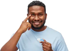 A smiling man holding a contact lens container in his hand