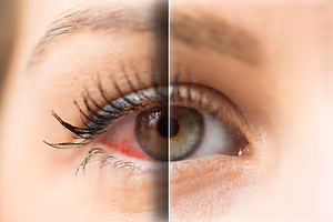 Before and after image of a woman's eye with red veins and swollen skin before treatment and clear skin and eye after treatment