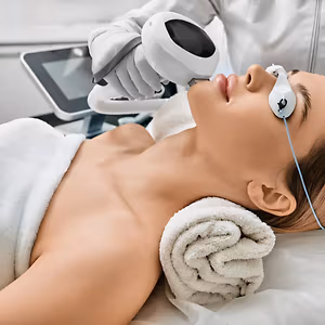 A woman is getting a laser treatment for her face in a spa