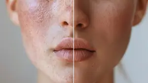 A close-up view of a woman's face showing a comparison between her skin with and without freckles