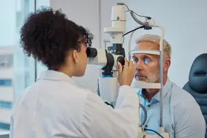 An older man is having his eyes examined by a female doctor in a medical office.