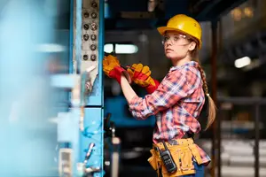 A woman wearing a yellow helmet and glasses working on a blue machine in a factory