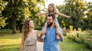 A family of three, with a father carrying a young girl on his shoulders, a mother walking beside them, and all of them smiling while standing in a park