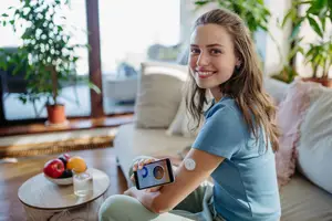 A young woman uses a smartphone to monitor her glucose levels while sitting on a couch.