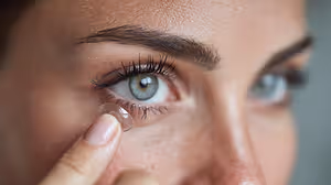 Close up of a woman's face with a clear contact lens on her eye