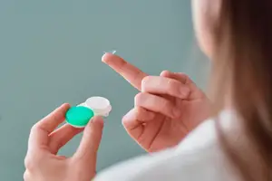 A woman wearing a white shirt is holding a contact lens in her right hand and a contact lens container in her left hand. She seems to be trying to put the contact lens on her fingertip.