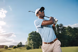 A man is hitting a golf ball with a club on a golf course with a clear sky and trees in the background.