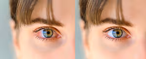 two close up images of a person with red eyes looking at the camera