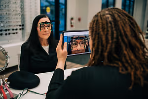 A woman is sitting in front of a table while a woman is holding a tablet in front of her face. They are both wearing glasses.
