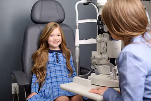A young girl in a blue dress is sitting in a chair and smiling at the camera while an eye doctor checks her eyes using an ophthalmoscope.