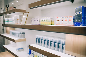 A wooden shelf with different boxes of products in a store