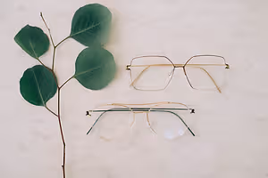 Two pairs of glasses with green leaves on a white marble background.