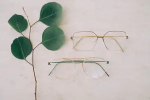 Two pairs of glasses with green leaves on a white marble background.