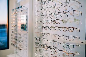 A wall displaying a variety of eyeglasses in different colors and styles
