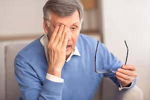 An old man with glasses covering his eyes while holding them in his right hand.