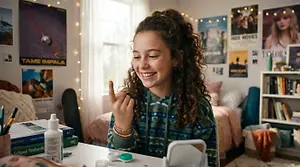 A girl is sitting at a desk in her bedroom, smiling and making a peace sign with her hand. There are various items on the desk, including a book, a cup with pencils, a bottle, and a small box. Behind her, there is a bed with a pink blanket and a shelf with books. Posters are on the walls, and a skateboard is leaning against the wall.